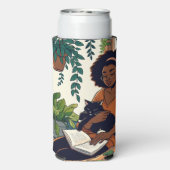 Frau Relaxen mit Katze, Buch und Pflanze Selters Dosenkühler (Seltzer Rückseite)