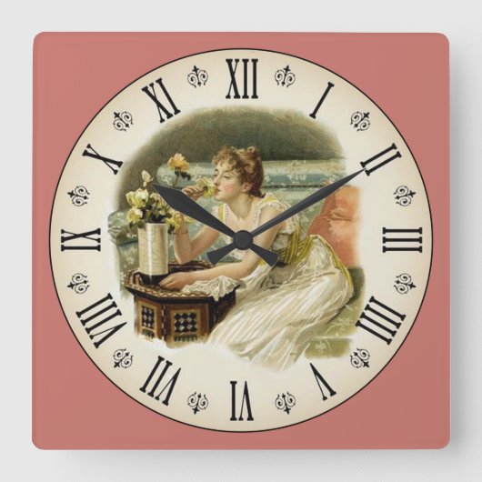 Frau riecht Blume römische Zahl Quadratische Wanduhr (Vorderseite)