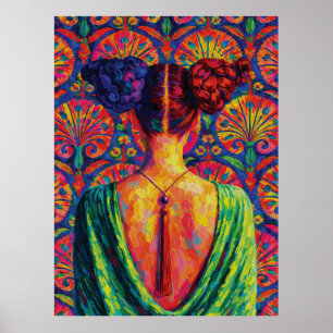 Frau Rückansicht Bunte Dutts Blumenmuster Poster