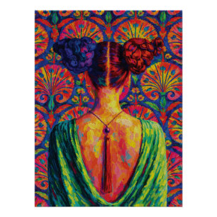Frau Rückansicht Bunte Knoten Blumenmuster Poster
