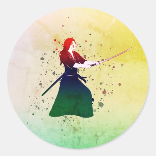 Frau Samurai Kriegerin mit Katana Runder Aufkleber (Vorderseite)