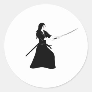 Frau Samurai Kriegerin mit Katana Runder Aufkleber