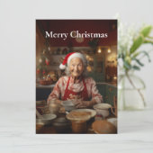 Frau Santa Baking Cake Feiertagskarte (Stehend Vorderseite)