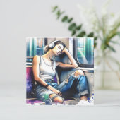 Frau schläft in der U-Bahn und hört Musik (Stehend Vorderseite)