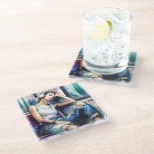 Frau schläft in der U-Bahn und hört Musik Glasuntersetzer (Schrägansicht)