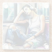 Frau schläft in der U-Bahn und hört Musik Glasuntersetzer (Rückseite)