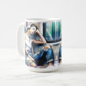 Frau schläft in der U-Bahn und hört Musik Kaffeetasse (Vorderseite Links)