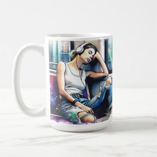 Frau schläft in der U-Bahn und hört Musik Kaffeetasse (Links)