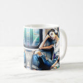 Frau schläft in der U-Bahn und hört Musik Kaffeetasse (VorderseiteRechts)