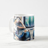 Frau schläft in der U-Bahn und hört Musik Kaffeetasse (Vorderseite Links)