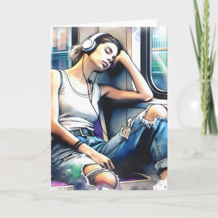 Frau schläft in der U-Bahn und hört Musik Karte