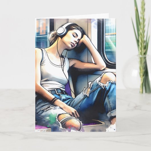 Frau schläft in der U-Bahn und hört Musik Karte (Vorderseite)