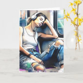 Frau schläft in der U-Bahn und hört Musik Karte (Gelbe Blume)