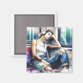 Frau schläft in der U-Bahn und hört Musik Magnet (Vorderseite/Rückseite)