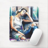 Frau schläft in der U-Bahn und hört Musik Mousepad (Mit Mouse)