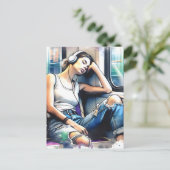 Frau schläft in der U-Bahn und hört Musik Postkarte (Stehend Vorderseite)