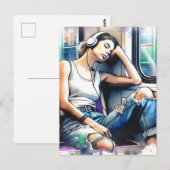 Frau schläft in der U-Bahn und hört Musik Postkarte (Vorne/Hinten)