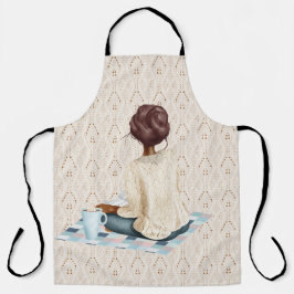 FRAU SITZT AUF BLANKET MIT WARTEEM GETRÄNK SCHÜRZE