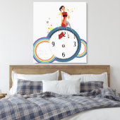 Frau sitzt auf einer Uhr und hält eine Tasse Tee Leinwanddruck (Insitu (Schlafzimmer))