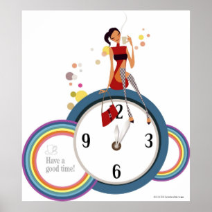 Frau sitzt auf einer Uhr und hält eine Tasse Tee Poster