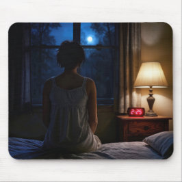 Frau sitzt auf ihrem Bett Mousepad