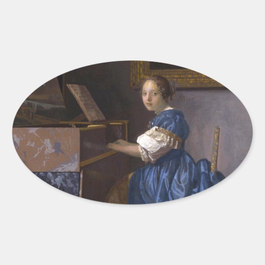 Frau sitzt bei einer Jungfrau von Vermeer Ovaler Aufkleber (Vorderseite)