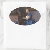 Frau sitzt bei einer Jungfrau von Vermeer Ovaler Aufkleber (Tasche)