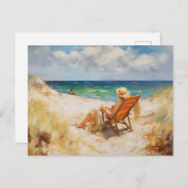 Frau sitzt im Liegestuhl am baltischen Meer. Kunst Postkarte (Vorne/Hinten)