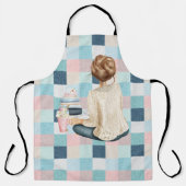 FRAU SITZT MIT BÜCHERN UND WARTEEM GETRÄNK SCHÜRZE (Vorderseite)