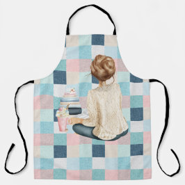 FRAU SITZT MIT BÜCHERN UND WARTEEM GETRÄNK SCHÜRZE