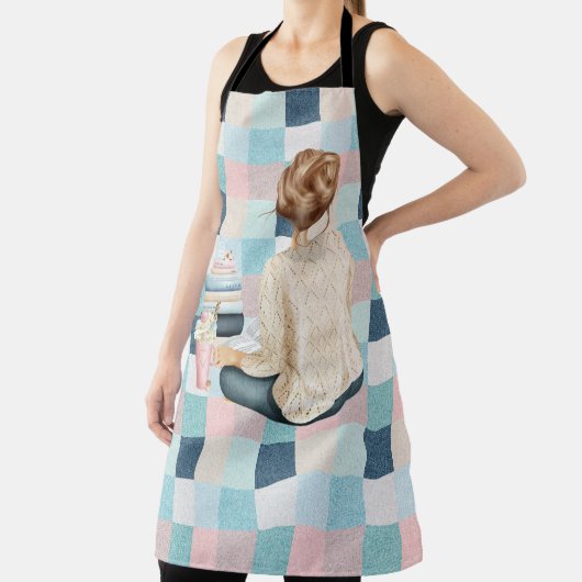 FRAU SITZT MIT BÜCHERN UND WARTEEM GETRÄNK SCHÜRZE (InSitu)