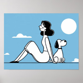 Frau sitzt mit Hund unter dem Mond Poster