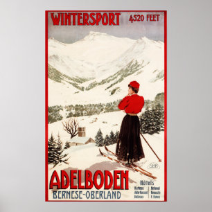 Frau Skier mit Blick auf Adelboden Poster