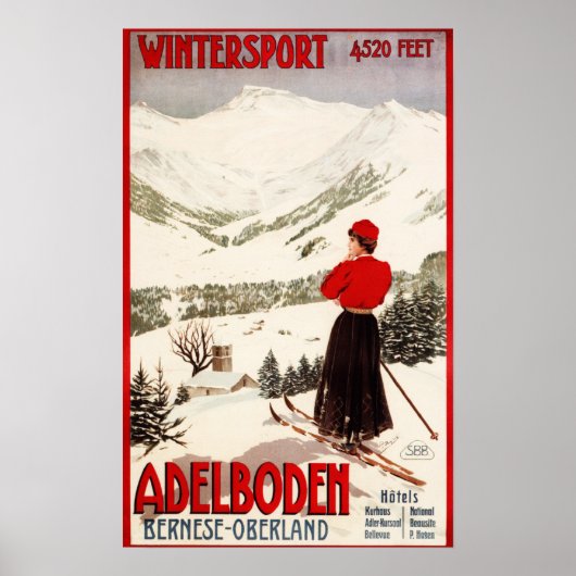 Frau Skier mit Blick auf Adelboden Poster (Vorne)