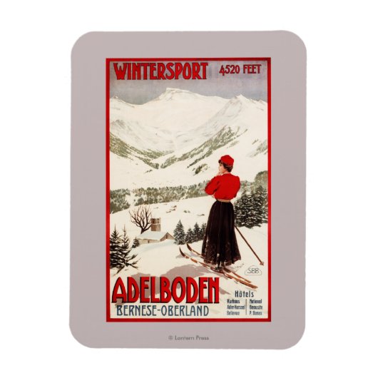 Frau Skier mit Blick auf Adelboden Poster Magnet (Vertikal)