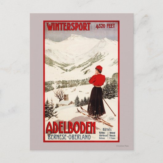 Frau Skier mit Blick auf Adelboden Poster Postkarte (Vorderseite)