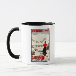 Frau Skier mit Blick auf Adelboden Poster Tasse
