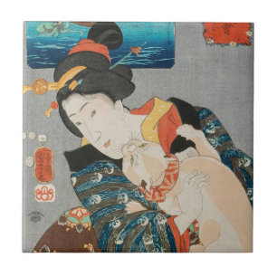 Frau spielt mit Katze Vintage-Japanischer Druck Fliese