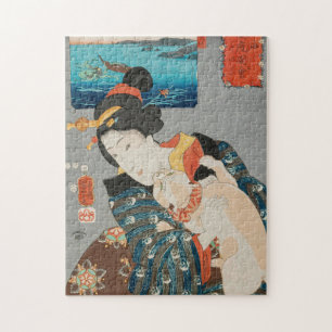 Frau spielt mit Katze Vintage-Japanischer Druck Puzzle