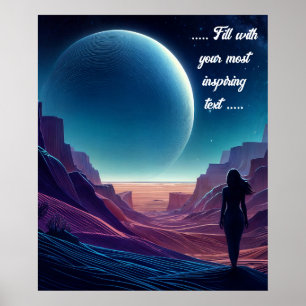 Frau stehend auf einer Wüste, die den Mond betrach Poster