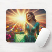Frau steht im schönen Garten auf einem dicken Mousepad (Mit Mouse)