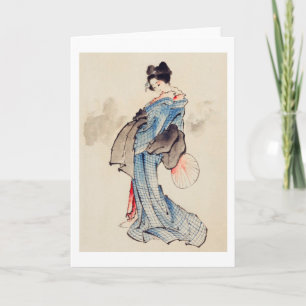 Frau steht mit einem Fan, Hokusai Karte