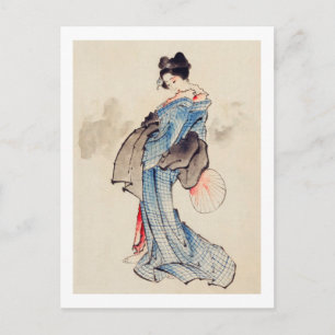 Frau steht mit einem Fan, Hokusai Postkarte