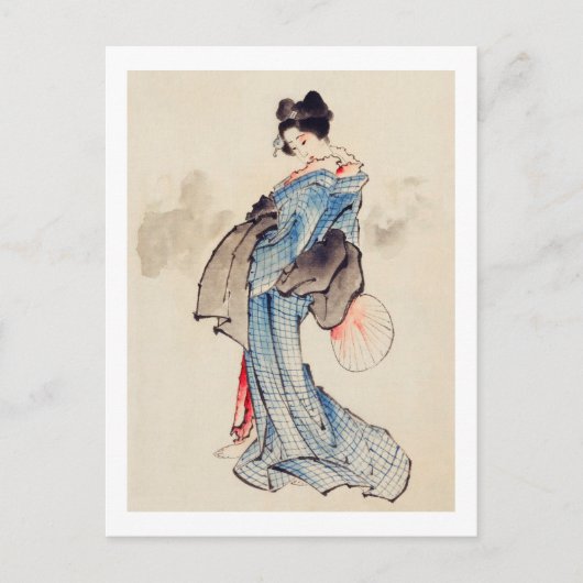 Frau steht mit einem Fan, Hokusai Postkarte (Vorderseite)