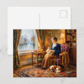 Frau stickt am Fenster mit Cavalier Spaniel Postkarte (Vorne/Hinten)
