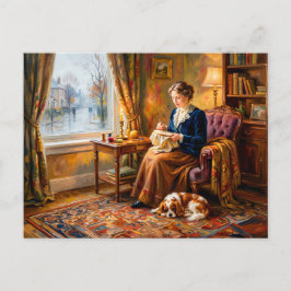 Frau stickt am Fenster mit Cavalier Spaniel Postkarte