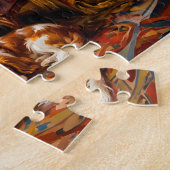 Frau stickt am Fenster mit Cavalier Spaniel Puzzle (Seite)