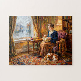 Frau stickt am Fenster mit Cavalier Spaniel Puzzle