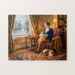 Frau stickt am Fenster mit Cavalier Spaniel Puzzle