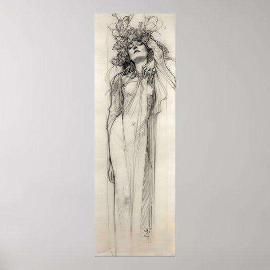 Frau Stift Zeichnend Alphonse Mucha Jugendstil Poster (Vorne)